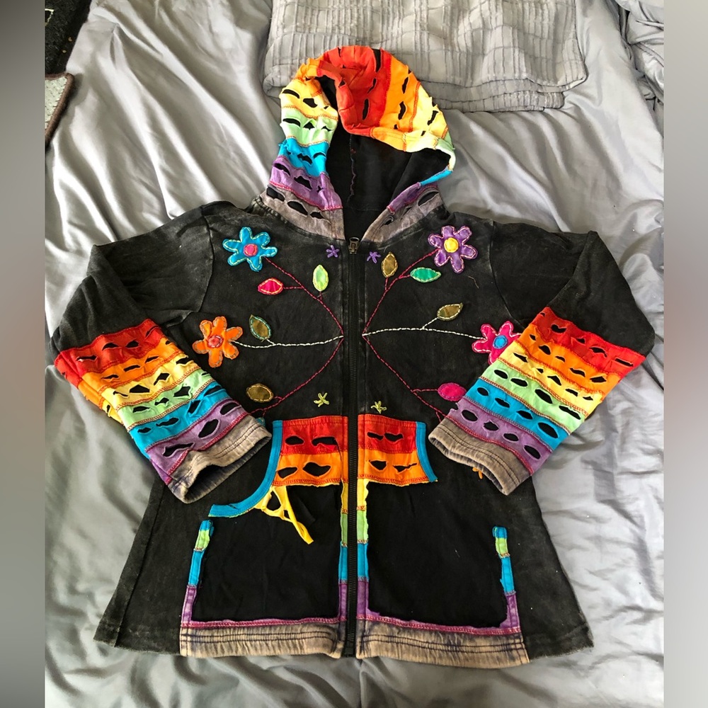 Groovy Hoodie Sweatshirt Jacket women’s sz L Retro Flowers Hippy Woodstock NM